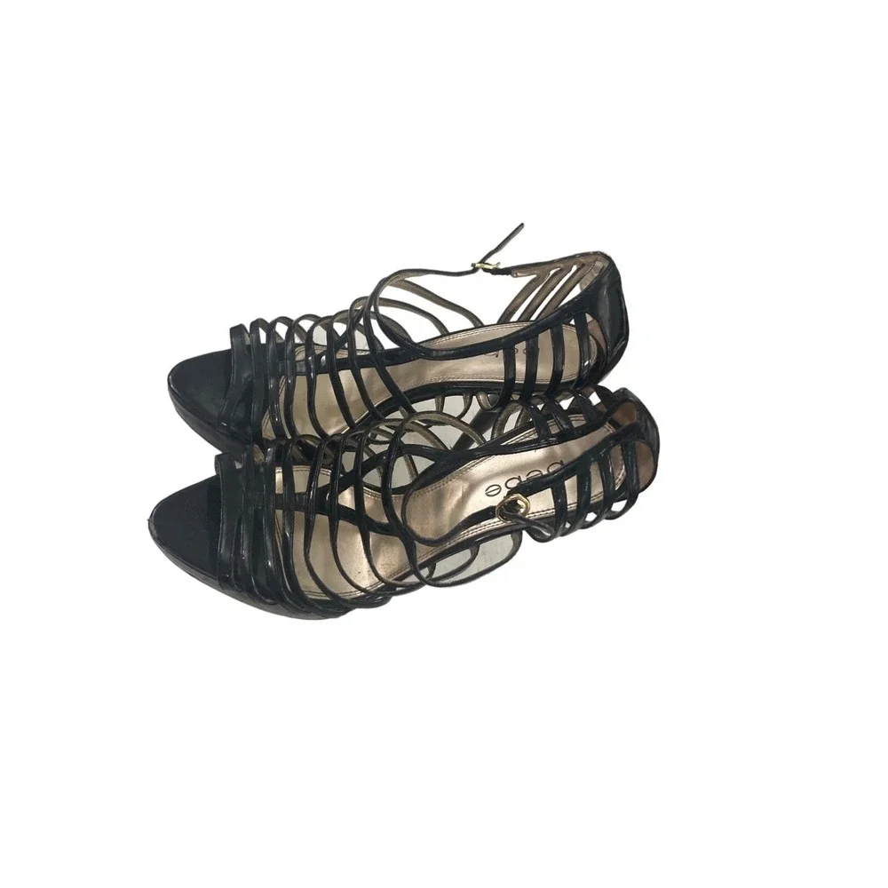 Bebe Strappy Cage Platform Sandals Womens 8M Black Good Patent Gold Accent Heels